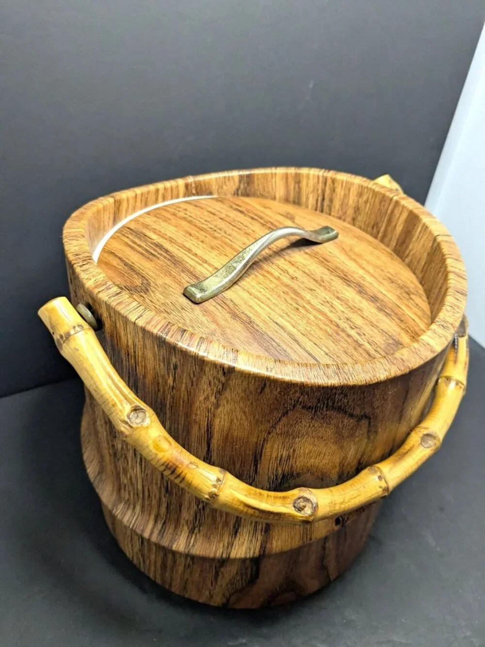 Vtg. Bamboo Handle Faux Wood Ice Bucket by Kraftware MCM Tiki Barware Kitch